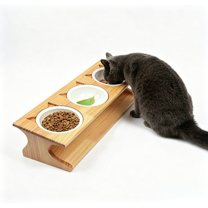 Support pour chat en bambou surélevé avec bols en céramique, nourriture pour animaux surélevée et bol pour chats et petits chiens