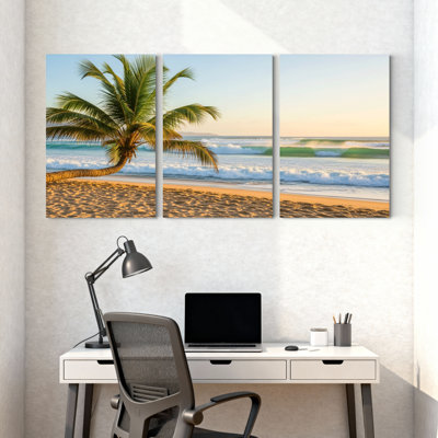 Palmiers, plage tropicale, océan, coucher de soleil, vagues de sable, ciel, ensemble de 3 impressions sur toile