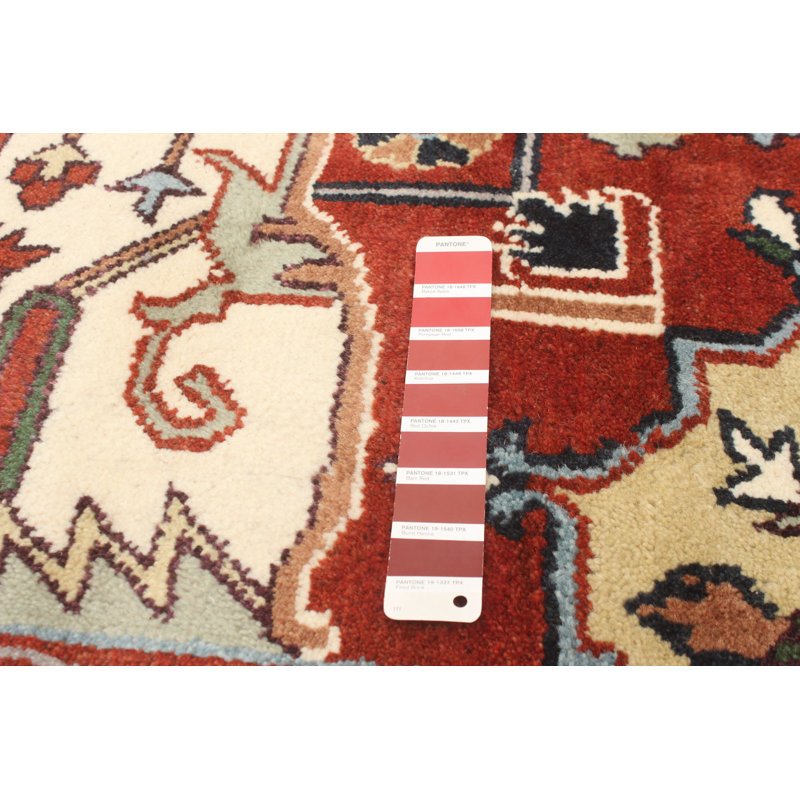 Tapis décoratif en laine de conception unique 9 pi 4 po x 14 pi noué à la main New Age-rouge foncé/bleu foncé