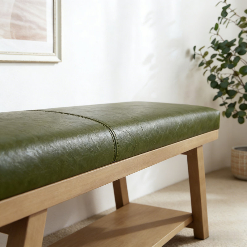 Banc de rangement en cuir Premium, Light Yellow Wood/Green