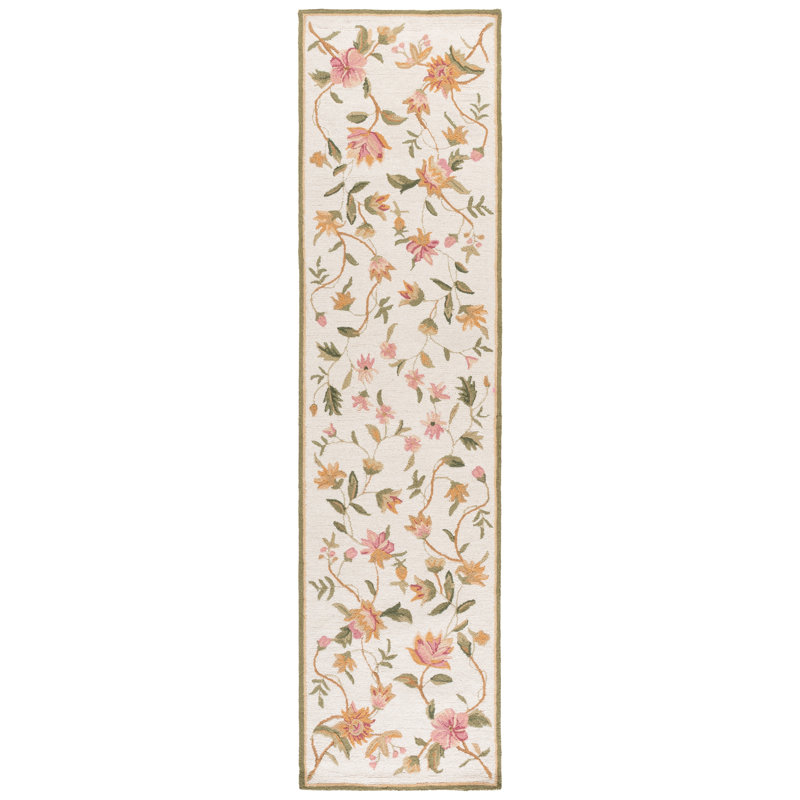 Kinchen Hand Hooked Wool Floral Rug, Runner 2'6" x 12', Beige