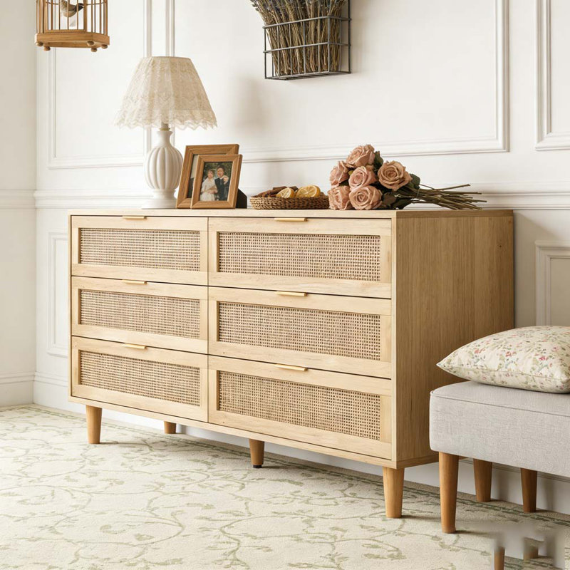 Armoire de rangement 59,6 po à 6 tiroirs avec tiroir en rotin, Naturel