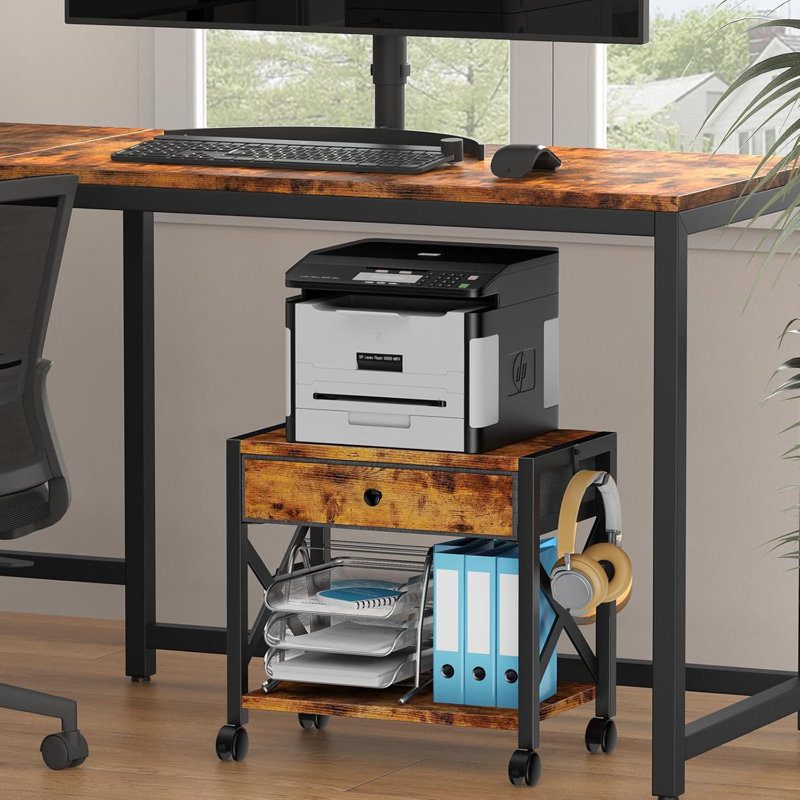 Support d'imprimante de bureau à 2 niveaux avec grand tiroir, rangement sous le bureau avec roulettes, petite tablette