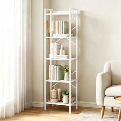 Étagère industrielle avec crochets, bibliothèque étroite de rangement pour bureau, salon, chambre, cuisine, entrée, étagère haute autoportante à 5 niveaux