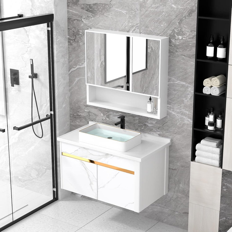 Lavabo vasque rectangulaire pour salle de bain avec rebord doré Fulorni - Lavabo de comptoir moderne