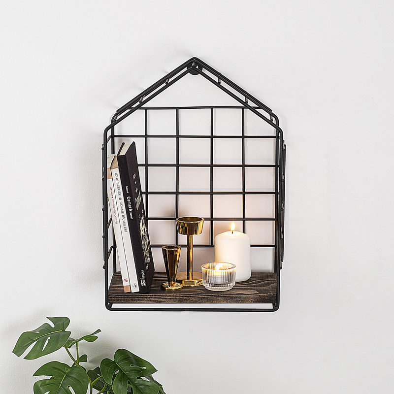 Industrial Wall Shelf, Black & Dark Walnut, 10 mm Thick Spruce Wood, 15.0 x 14.6 x 10.6 inches | Sturdy 1.5 mm Metal Frame | Stylish Storage Solution for Home & Office, Unique Wood Texture & Color Variations