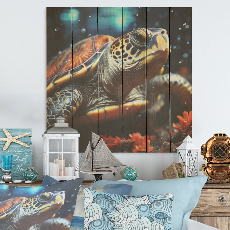 Abstrait «Swim - Tortue», art mural sur bois de pin naturel, H 15 po x l 15 po