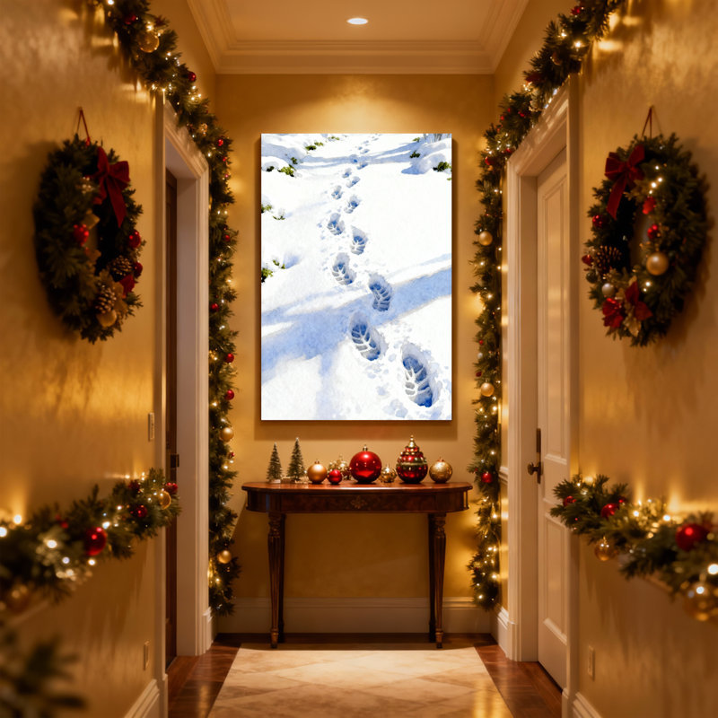 «Christmas Snowy Path» avec 3 empreintes de pas et ombres sur toile, H 18 po x l 12 po