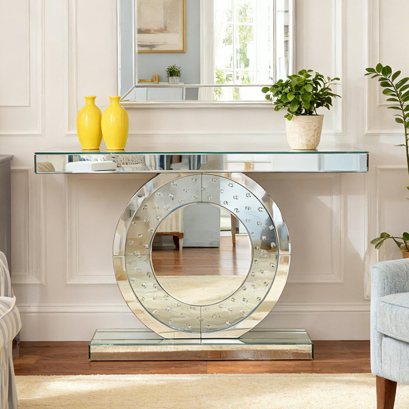 Mirrored Glass Console Table with Crystal Inlay
