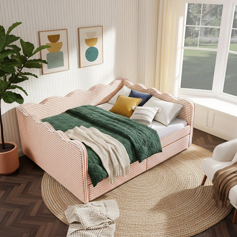 Grand lit de jour en vichy confortable avec deux tiroirs de rangement, port USB et adorable tissu en forme de vague, Rose