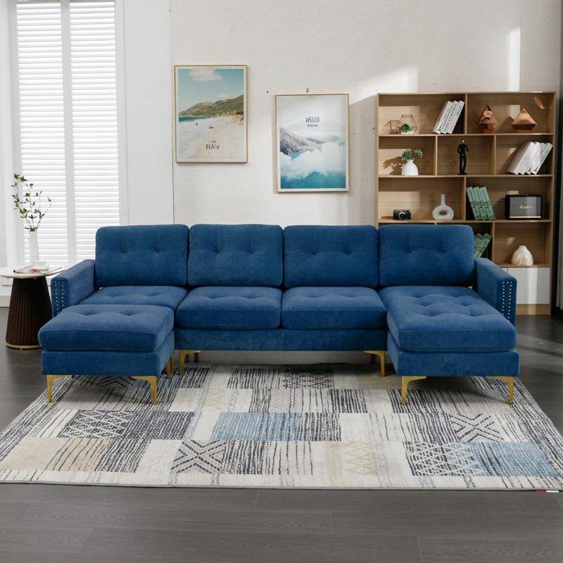 Canapé modulaire convertible en L 110 po avec repose-pieds mobile pour salon, Velours bleu