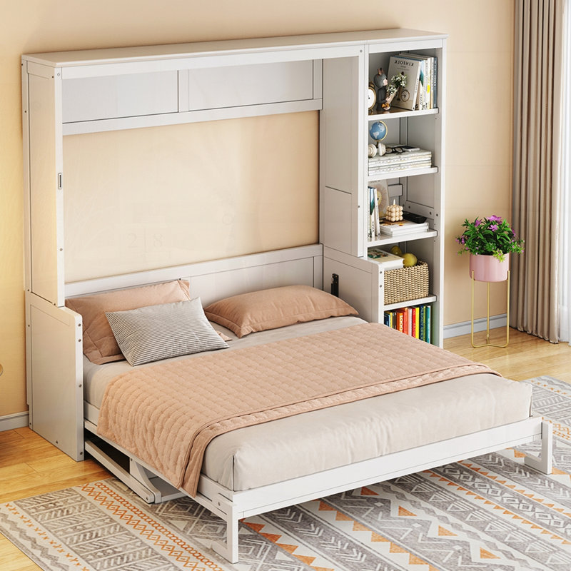 Murphy Bed with Desk and Bookshelf, White, Queen