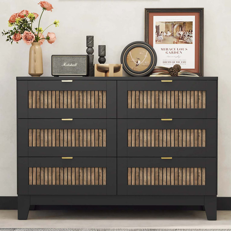 Commode en bois de style rustique avec 6 tiroirs, armoire de rangement pour chambre à coucher avec poignées en métal, noir