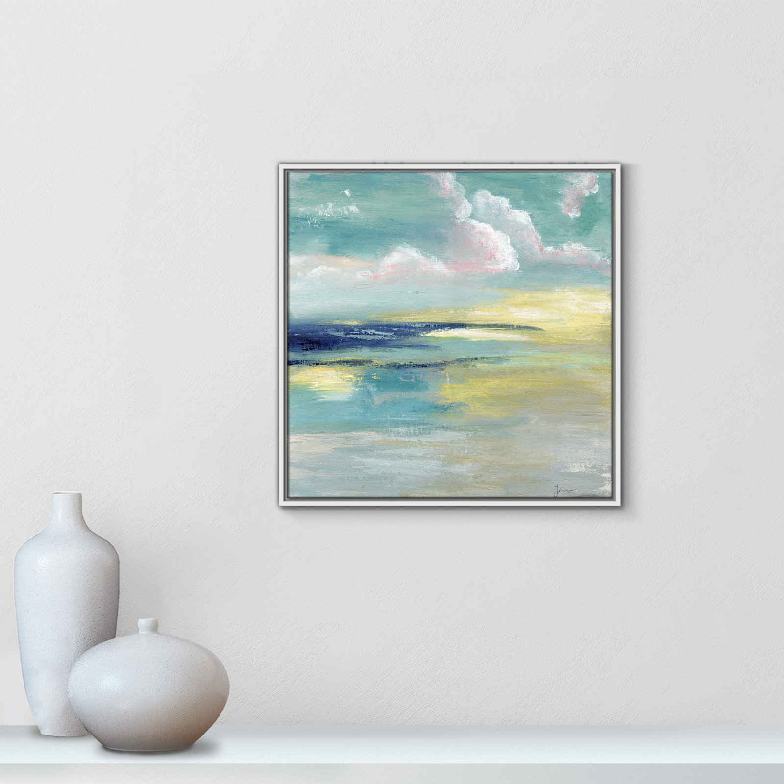 Bertie "Ocean View" Painting by Tava Studios, 25.5" H x 25.5" W x 2" D, White Framed Canvas