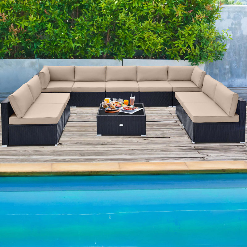 9 - Person Patio Conversation Set with Cushions, Beige
