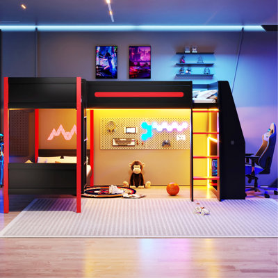 Lit superposé en L, lit mezzanine avec bureau intégré, tablettes et DEL