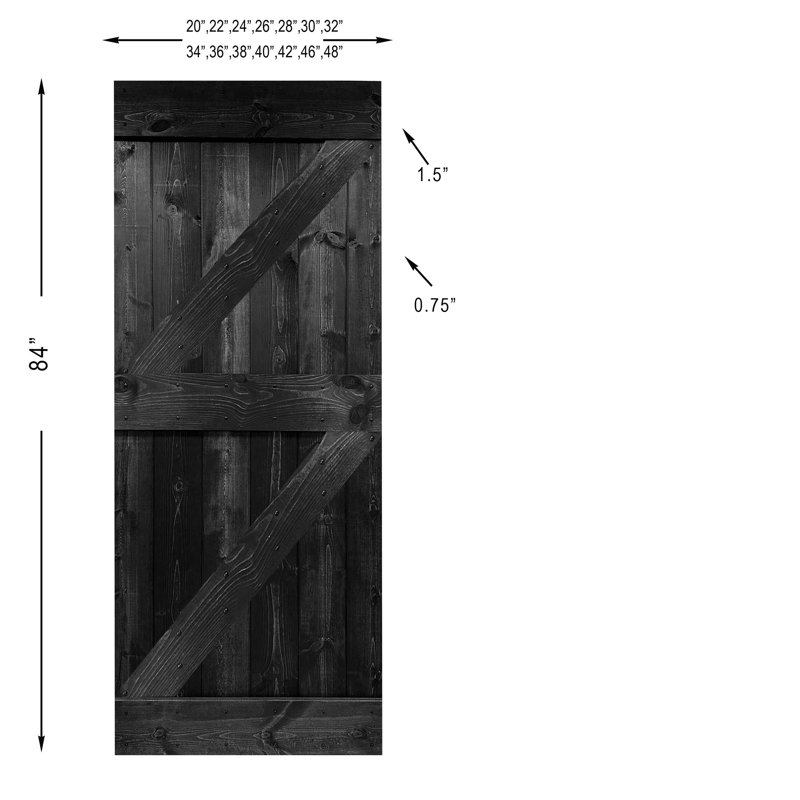 Porte de grange coulissante en bois de pin avec trousse de quincaillerie d'installation, Ébène, 32 po x 84 po