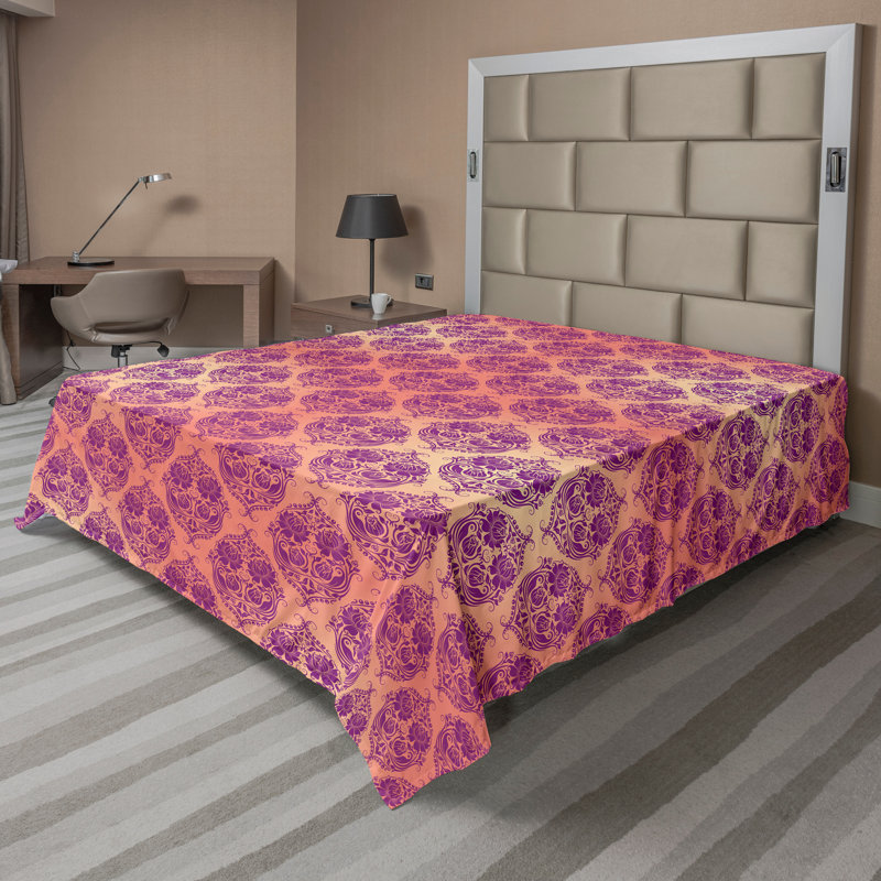 Ambesonne Top Flat Sheet Curving Art, Purple Salmon Damask, Queen Flat Sheet
