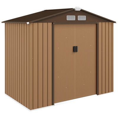 Outsunny 7 x 4ft Metal Garden Shed, Outdoor Storage Tool House with Ventilation Slots, Foundation Kit and Lockable Double Doors, Brown