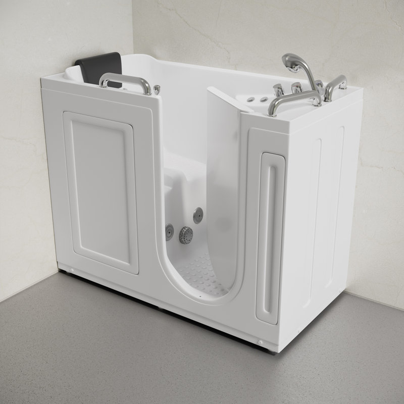 Auvergne 53" x 27" ADA Left Drain Walk-in Soaking Bathtub with Massage Jets in Glossy White, Faucet Set, Drain, Grab Bars, Pillow Included