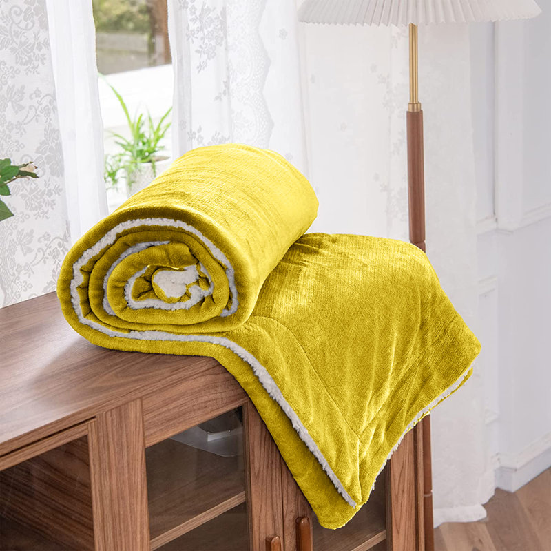Soza Sherpa Fleece Dual Sided Fur Thick Reversible Blanket Throw, W200 x L240cm, Yellow