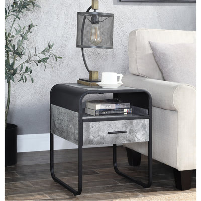 Table de bout élégante avec rangement à tiroirs, finition noire, métal et bois, faux béton gris, 22 lb, convient au salon Tablette de style contemporain, cadre, gris béton, 18 pouces de large, profond,