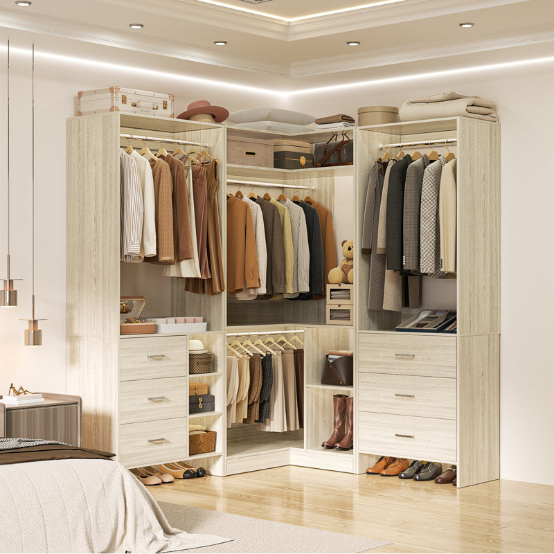 86.8" W Closet System with 6 Drawers and 4 Hanging Rods, White Oak