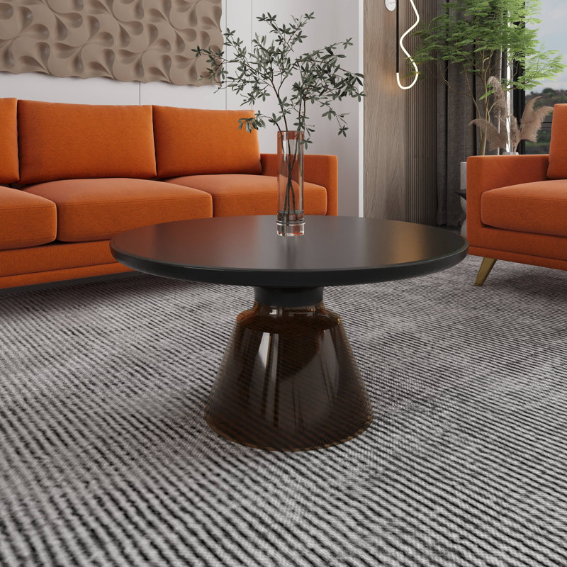 30" Round Coffee Table Glass/Sintered Stone Top With Powder-Coated Rim And Tempered Glass Base, Gray, Black
