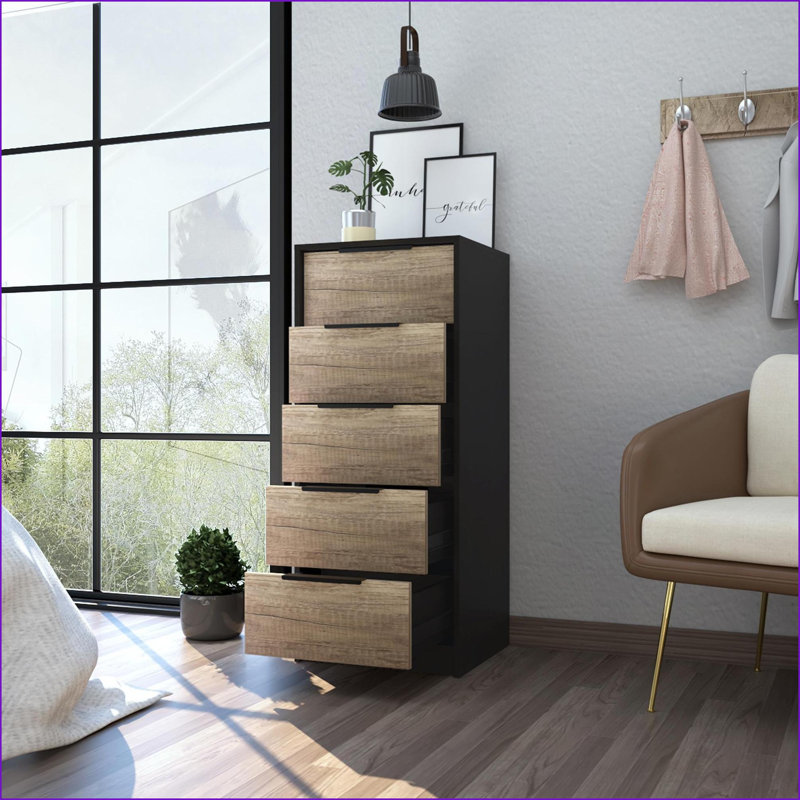 Dressers, Kaia 42'' High Slim Vertical 5 Drawer Dresser, Black/Pine | Particle Board | Multicolor