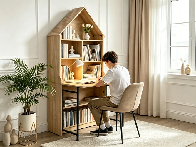 Bureau d'artisanat pliant avec tablettes de rangement, Bois naturel