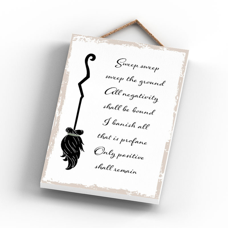 Witch Sweep Sweep Wooden Plaque, 18.5cm H x 12cm W x 0.9cm D, White