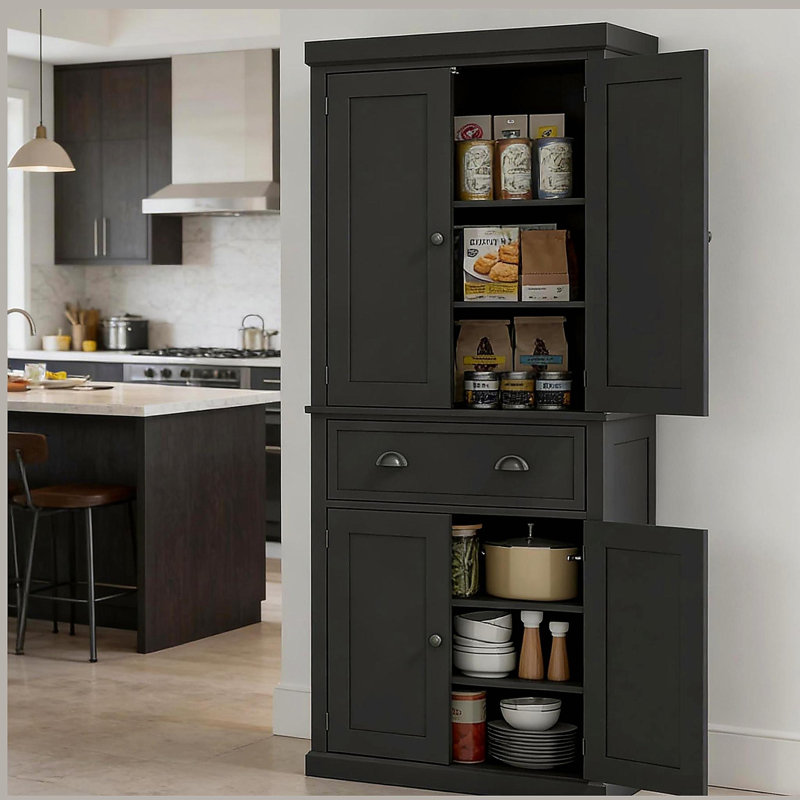 Armoire de cuisine, armoire de maison haute, armoire de rangement pour vestibule, armoire de rangement autoportante, Noir