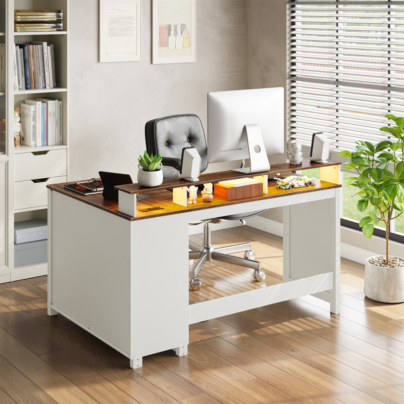 Bureau d'ordinateur en L Farmhouse avec station de charge et éclairage réglable