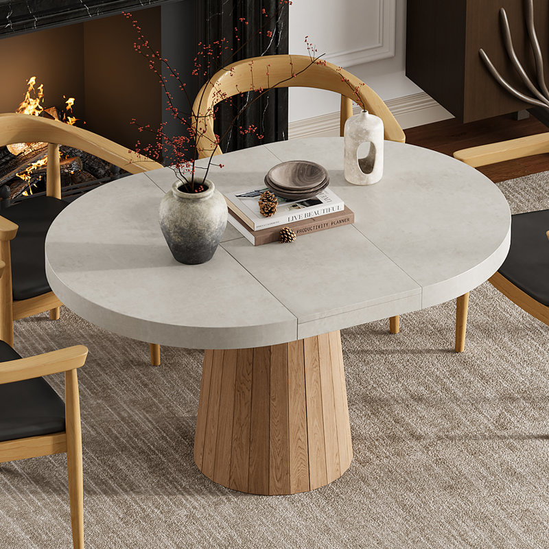Tailings Oval 39"-55" Round Pedestal Dining Table Wood Extendable Dining Room Table for 4 to 6 Japandi Oval Kitchen Table