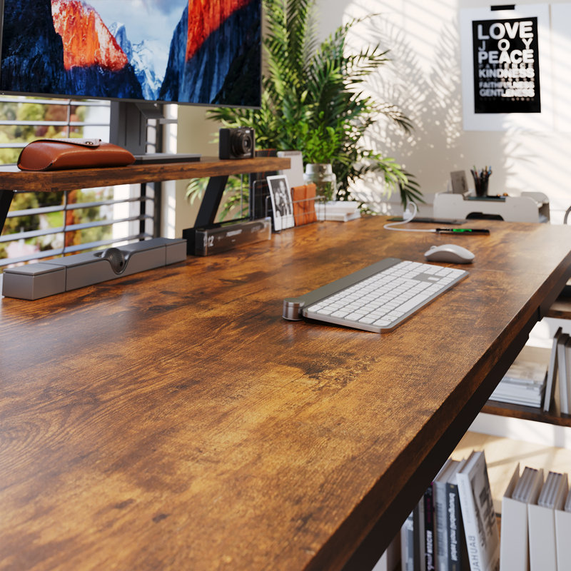 L-Shaped Metal Base Computer Desk, Black, Brown