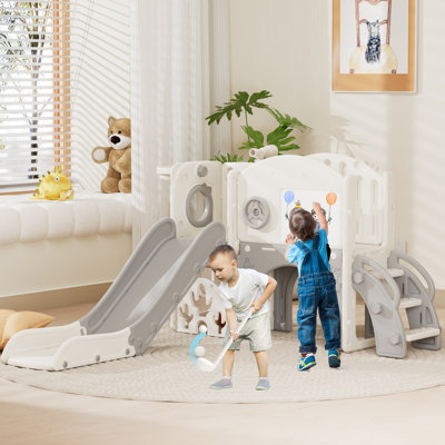 8-In-1 Toddler Slide With Climber Toy Golf Drawing Board For Baby Age 1-3 Indoor Outdoor Playset, Grey & White