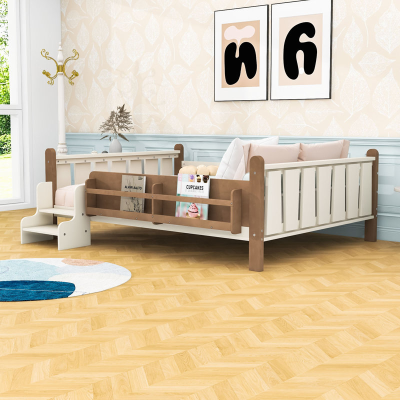 Floor Bed with Storage Bookcases and Guardrails, Beige, Full