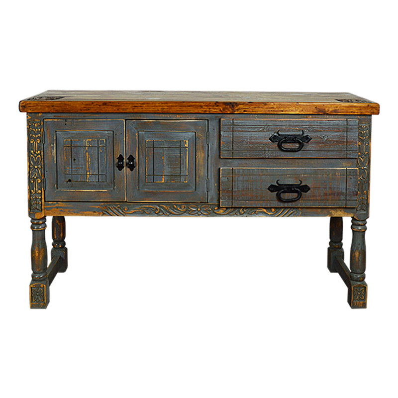 Distressed Grey Carved Wood Console