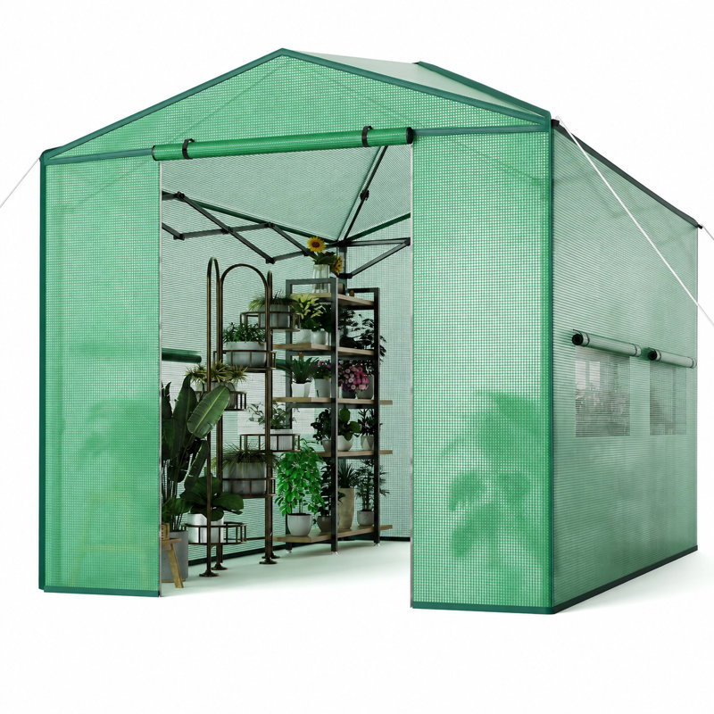 Large Walk in Greenhouse, Outdoor Pop-Up Green House for Garden with Ventilated Mesh Windows and Roll-Up Zippered Doors, Reinforced Metal Frame Plant Gardening Greenhouse Canopy Tent, Green