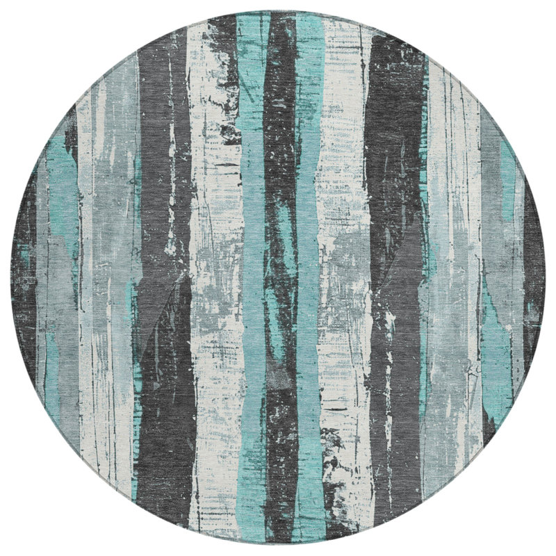 Tapis extérieur lavable rayé bleu sarcelle et gris 8 pi