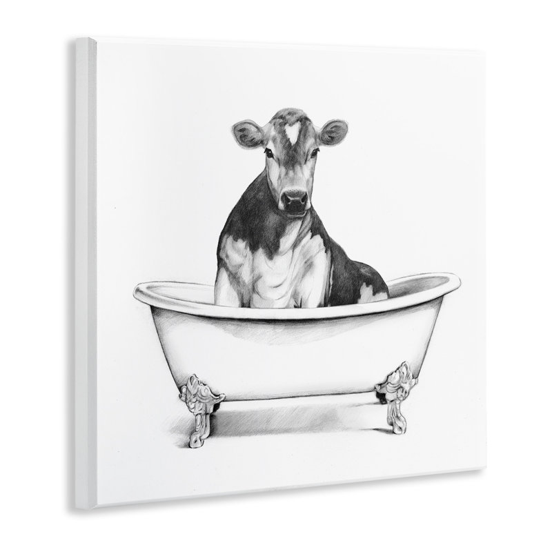 Cow in Claw Tub Black and White Wood Wall Art