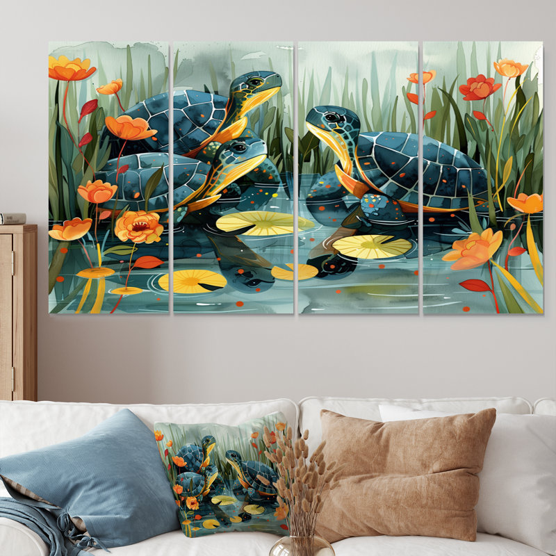 «Green Orange Turtle Pond In The Summer II», ensemble d'art sur toile, H 28 po x l 48 po