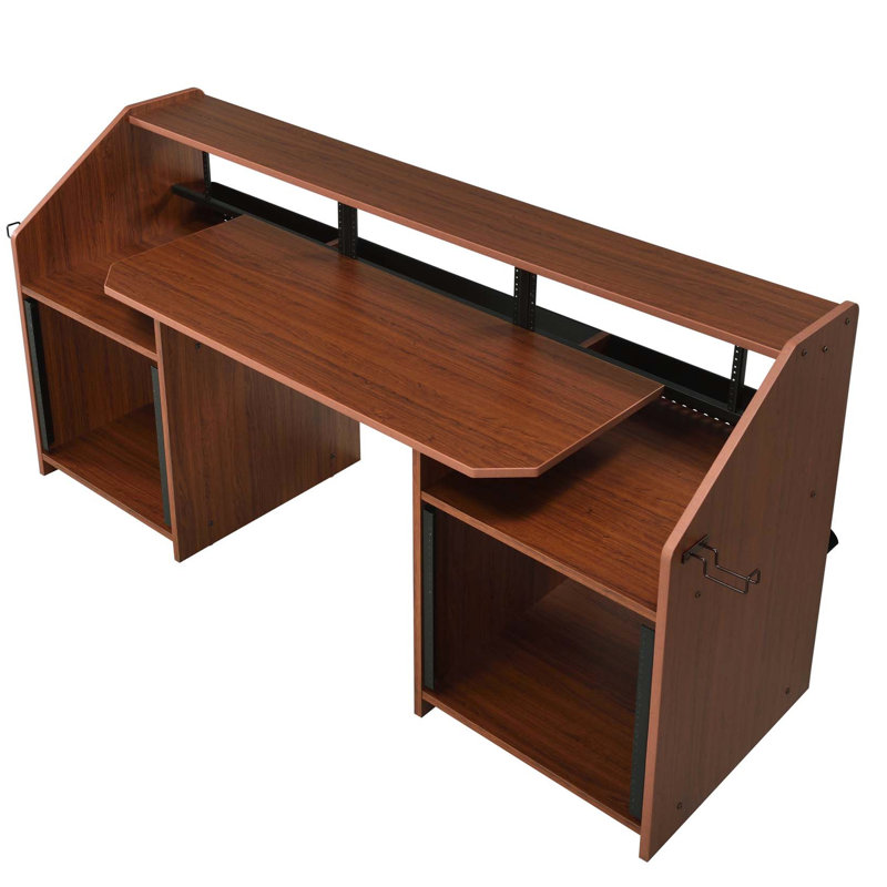 Bureau de musique rectangulaire en cerisier pour les réalisateurs, 2 compartiments ouverts, 1 tablette au-dessus, écouteurs, trous pour câbles, fixation pour trous de vis, plateau coulissant et pédales à crochets latéraux