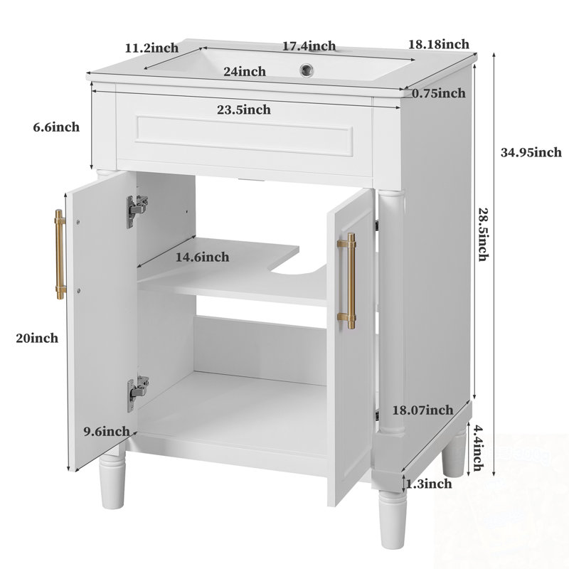 Meuble-lavabo avec lavabo en céramique, 2 portes et tablette réglable, Blanc