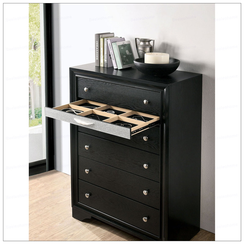 Commode contemporaine noire avec queue d'aronde anglaise et tiroir à bijoux caché pour la chambre à coucher