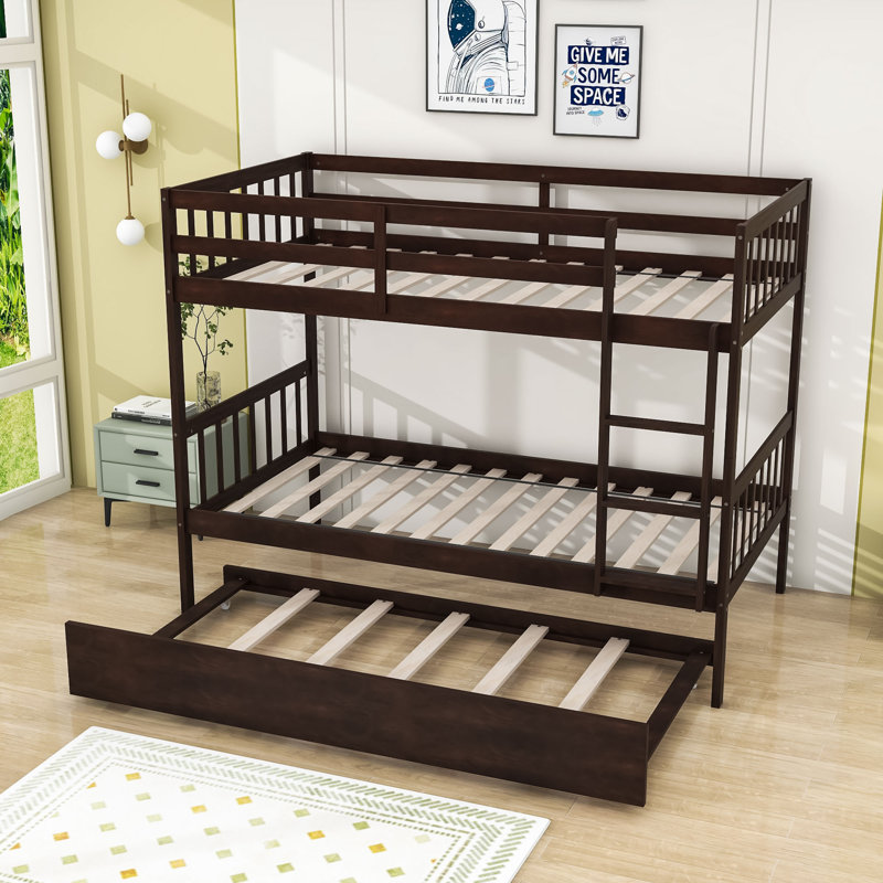 Davyan Twin Over Twin Wood Bunk Bed with Twin Trundle, Espresso