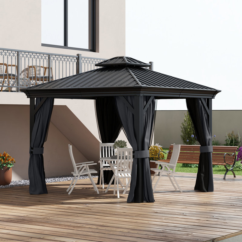 3.65 x 3m Outdoor Double-Tier Hardtop Gazebo with Aluminium Frame, Dark Grey Privacy Curtains and Mosquito Netting for Patio Backyard Use