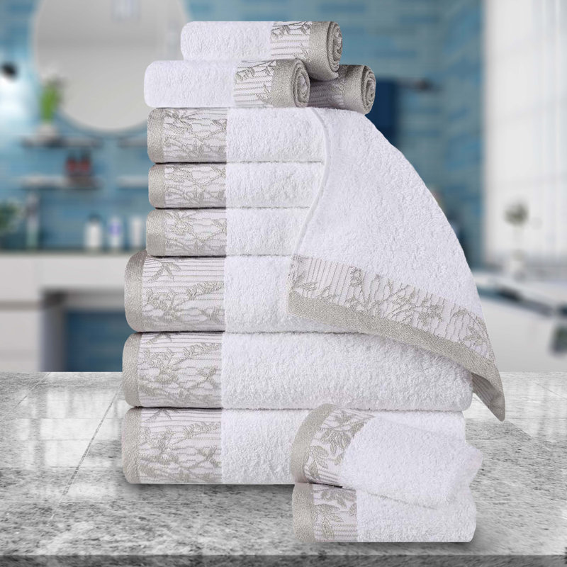 Ensemble de serviettes de bain en coton de poids moyen à bordure florale en jacquard pour la salle de bain Carinna, Blanc
