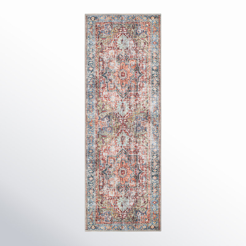 Alice Machine Washable Oriental Flatweave Performance Red/Blue/Ivory Multi Area Rug, Runner 2'6" x 12'