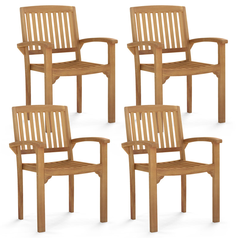 Fauteuil d'extérieur en bois de teck avec siège à lattes et siège courbé 4 pièces